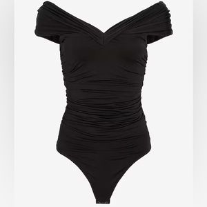 Body Contour Compression Silky Off The Shoulder Ruched Thong Bodysuit